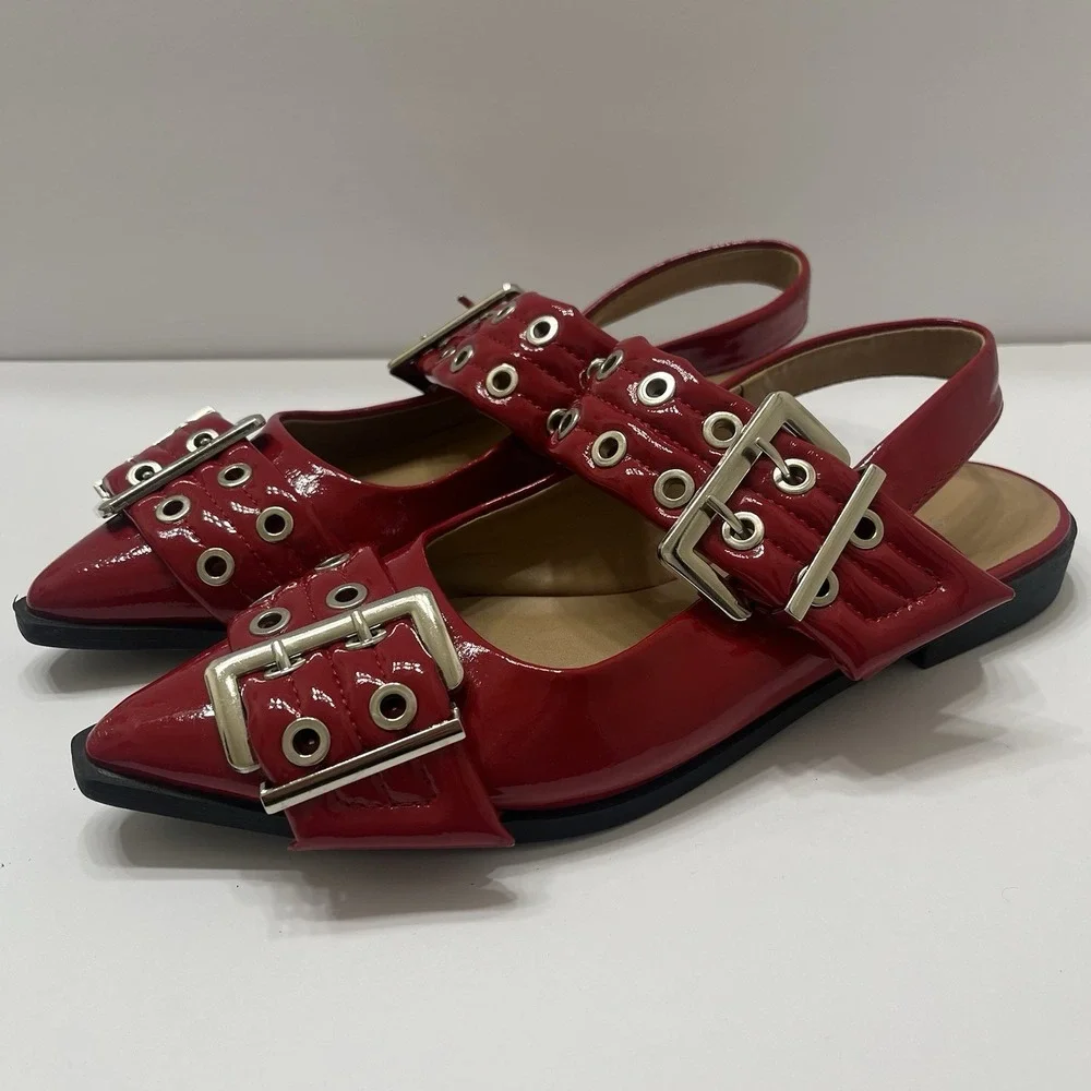 Steve Madden  Graya Flats Red Patent Chunky Buckles Silver Grommets Pointed